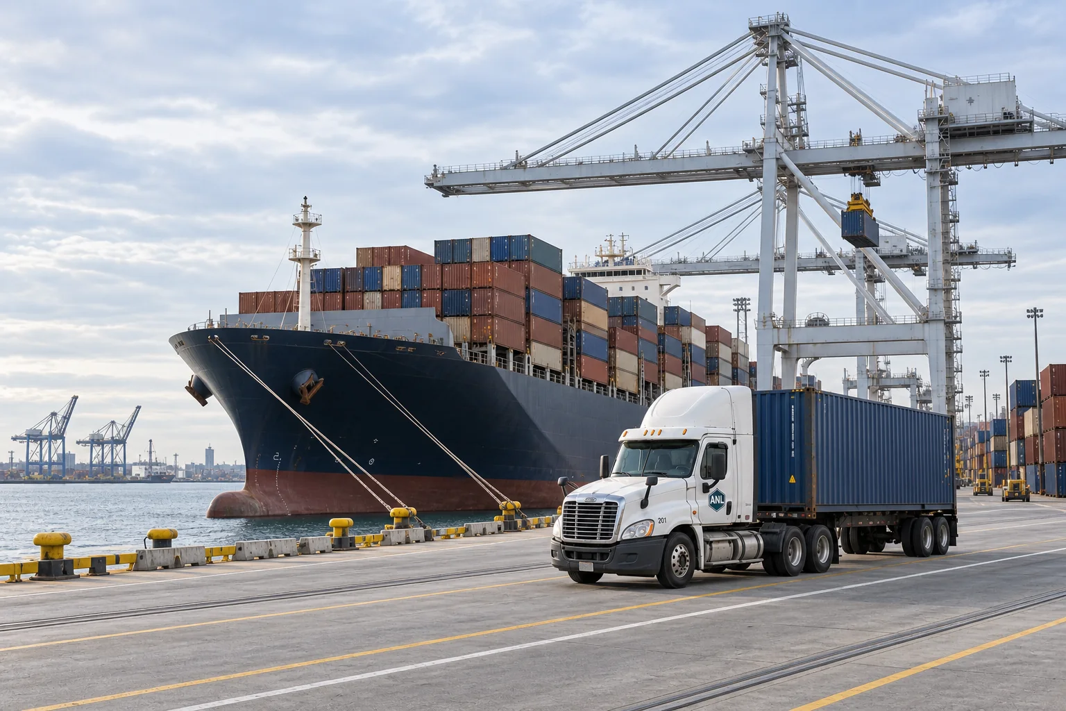 Container ship and ANL truck at a port
