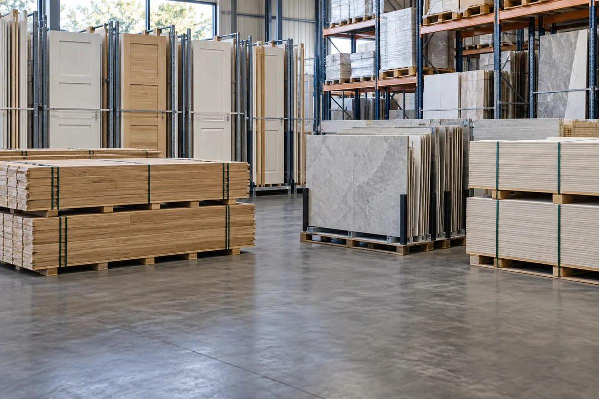 Illustration of doors, flooring and tiles organized for freight transport